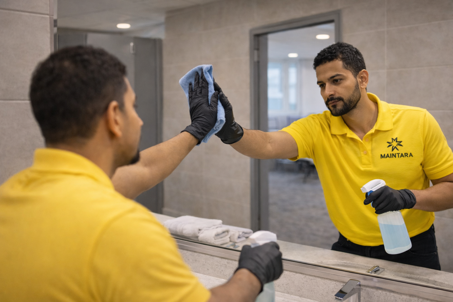 Cleaning the bathroom mirror